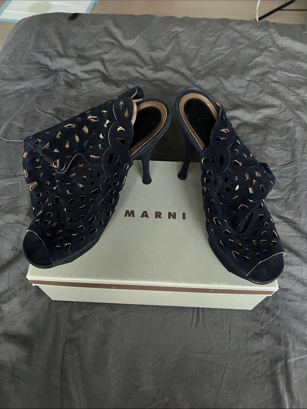 Marni Navy Laser-Cut Suede Peep-Toe Heel Mules